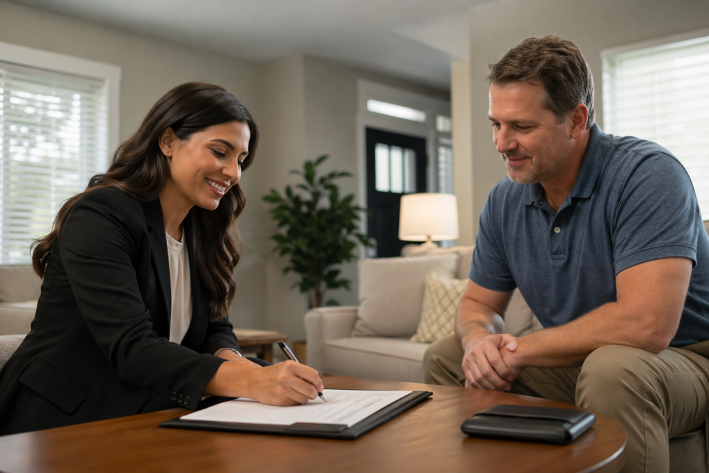 A mobile notary visiting a person at their home
